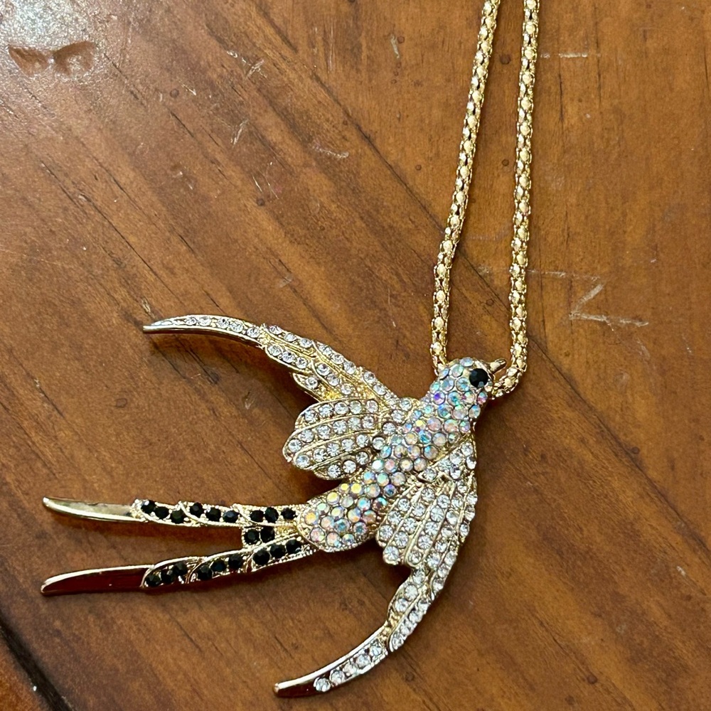 Betsey Johnson Gold and Crystal Swallow Pendant Necklace